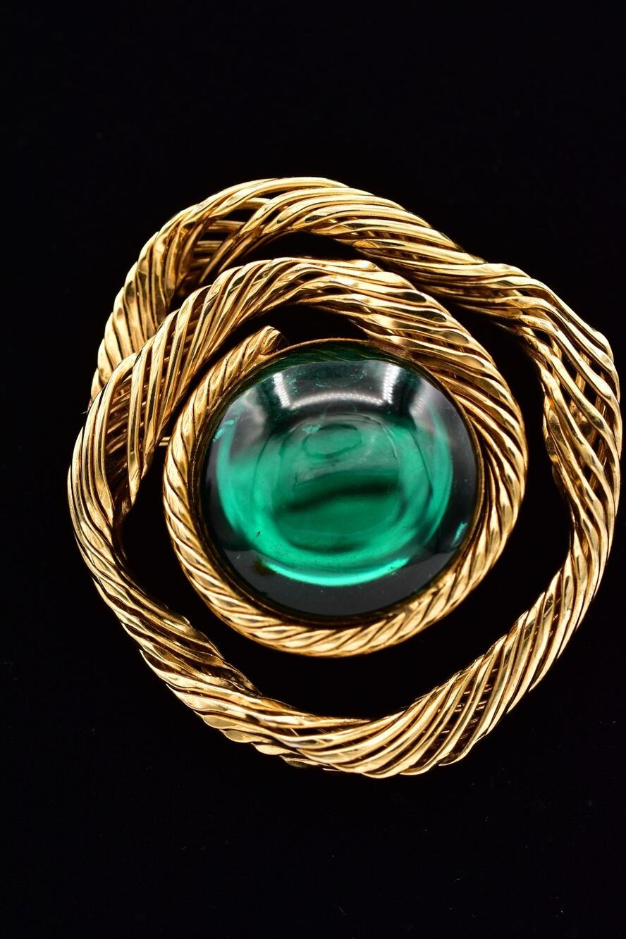Vintage Big Green Cabochon Pin Brooch Gold Chunky Round Rope Bold 1980s BinAC